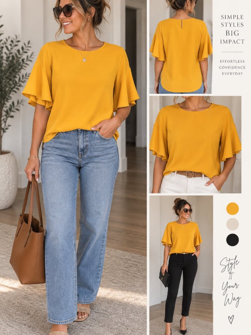 Ann Taylor Petite Mustard Yellow Flutter Sleeve Blouse SP